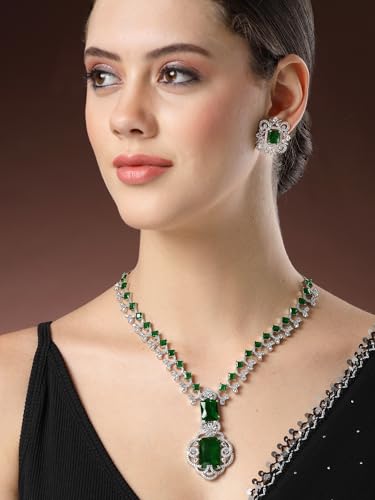 Image of Karatcart Elegant Silver Plated Blue American Diamond Necklace Set for Women