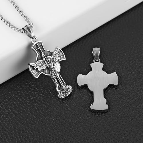 HZMAN St. Michael Archangel Cross Necklace for Men Stainless Steel Retro Angel Exorcism Protect Amulet Pendant4
