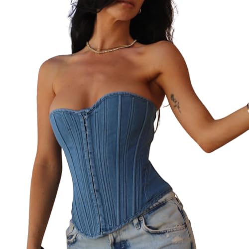 Image of Denim Corset Top for Women, Denim Tube Top Sexy Sleeveless Slim Front Hook Waist Cincher Bustier Jean Corset Tops