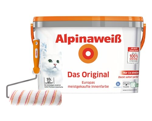 Alpinaweiß Das Original – optimal deckende und ergiebige weiße Wandfarbe – mit Spritz-Schutz-Formel – inkl. Spezial-Roller - 10 Liter