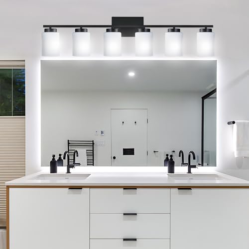 Image of 6-Light Bathroom Vanity Light with Milky White Frosted Glass,Matte Black Modern Bathroom Wall Mounter Light Fixtures Over Mirror for Living Room