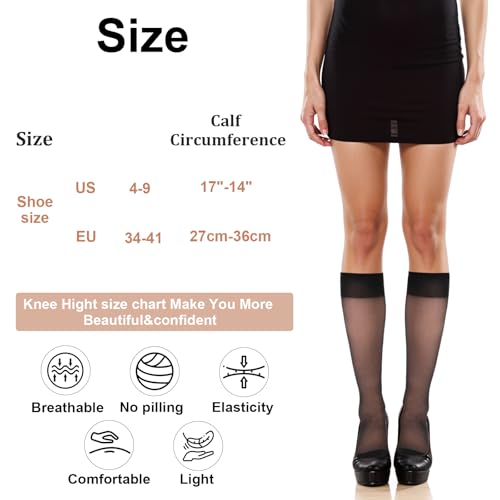 Women's Lace Knee High Stockings, 6Pairs Women's Stockings Sexy Silk Stockings Knee High Tight, Women's Knee-High Socks for Women Lady Gril US Size 5-8 (Black)2