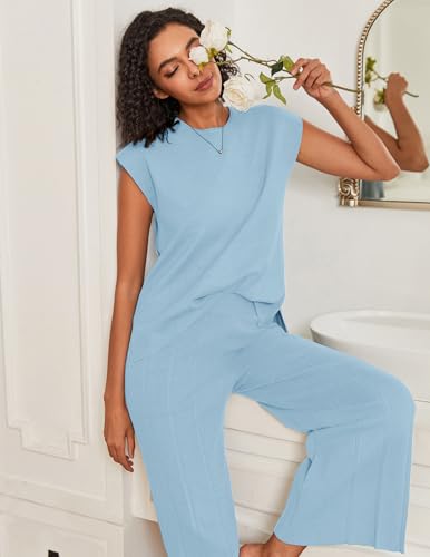 Image of Ekouaer Lounge Sets for Women Two Piece Outfits Knit Cap Sleeve Tops Wide Leg Pleated Pants Casual Dressy Sweater Sets