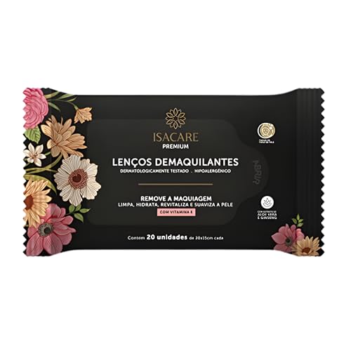 Lenços Demaquilantes Premium, Isacare, 20 Unidades