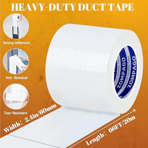 Image of ZOMPAGO White Duct Tape Heavy Duty, 2.4in x 66FT, Tearable Strong Adhesive Waterproof Seal Tape for Indoor Outdoor Use, Multi Purpose for Packaging, Bundling, Repairs, Carpet Seaming, Crafts