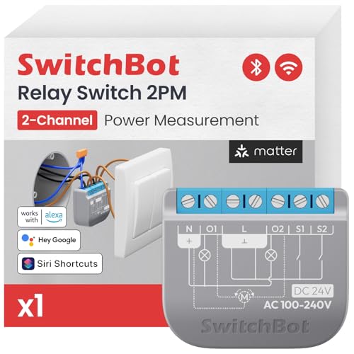SwitchBot Wlan Schalter 2PM kompatibel mit Alexa/Apple Home/Google Home, Leistungsmessendes Relaisschaltmodul mit integriertem Bluetooth Repeater und Trockenkontakt, Wi-Fi 2,4 GHz (Schalter 2), 16A