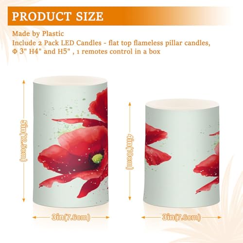 Image of Red Poppies Flickering Flameless Candles LED Battery Operated with Remote Timer Pillar Candles for Home Birthday Wedding Christmas Decor, Set of 2
