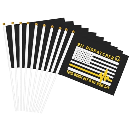 YOLADSUME Number 911 Dispatcher Thin Gold Yellow Line Dispatch American Flag Small Flags Big Pride 10-Pack Handheld Flags 5.5x8.2in