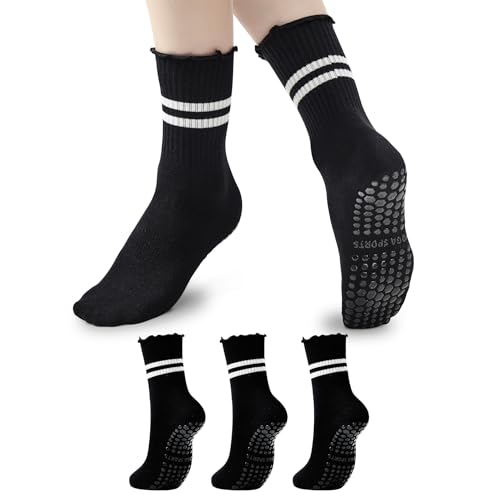 Image of American Trends Pilates Crew Socks for Women with Grips, Non Slip Ruffle Sock for Yoga Barre and Workout
