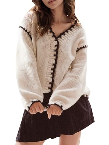Image of YKR Chunky Knit Cardigan for Women Open Front Contrast Trim Sweaters Button Down Long Sleeve V-Neck Outerwear Coats