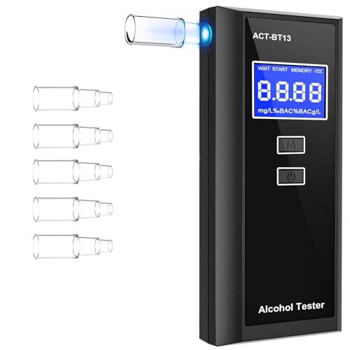 Etilometro Portatile Certificato, Alcol Test Portatile con Display LCD Blu Digitale e 10 Bocchini, Misuratore di alcolometro Professionale per Uso Domestico o per Feste