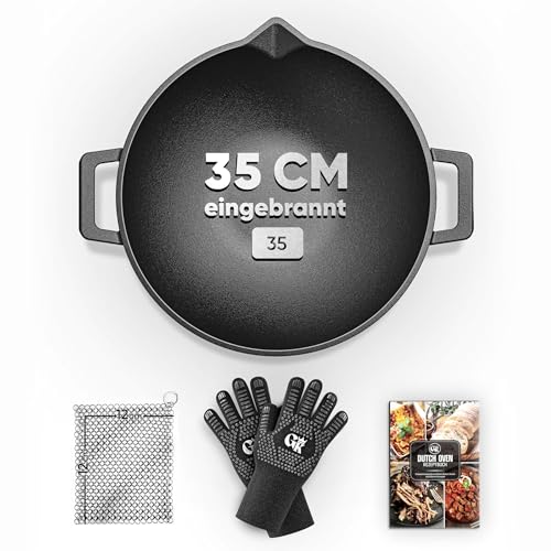 GUSSKÖNIG Gusseisen Wok Pfanne- 35 cm robuste Wokpfanne für Gasgrill, Herd, Ofen und Lagerfeuer- Gusseisen Wokpfanne inklusive Edelstahl Ringreiniger, Grillhandschuhe & Rezeptbuch - 30 Jahre Garantie