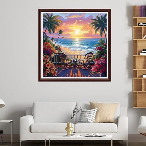 Image of Dooxvey Counted Cross Stitch Kits for Adults 11CT Printed Cross-Stitch Patterns Cross Stitching Embroidery Kit Stamped or Counted Needlepoint Kits-Drinking Tea in Sunset by Seaside 18x18 inch