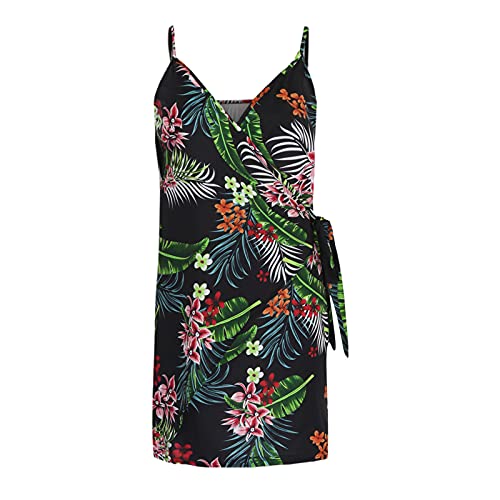 Lcziwo Women's Boho Floral Print Mini Dress Wrap V Neck Beach Dresses Summer Sleeveless Spaghetti Strap Dress Green #TOP17