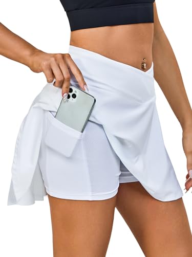 Kefiyis Tennis Skirt with Shorts Pleated Skorts for Women High Waist Golf Athletic Skirt Skort with Pockets White S