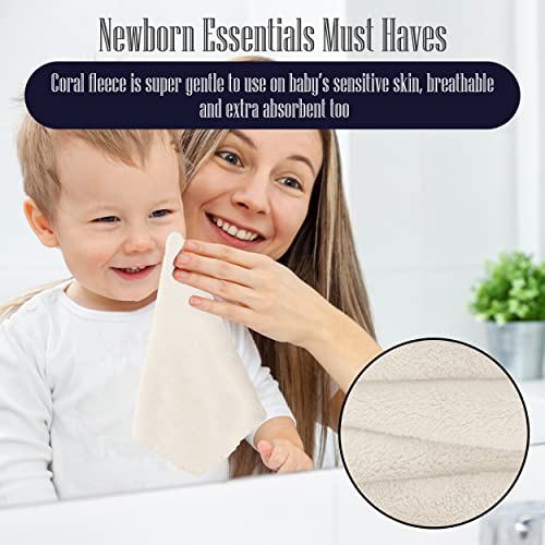 Image of 16 Pack Baby Washcloths - Luxury Coral Fleece - Extra Absorbent and Soft Wash Clothes for Newborns, Infants and Toddlers - Suitable for Sensitive Skin and New Born - Baby Shower - Cream, 10x10 Inch