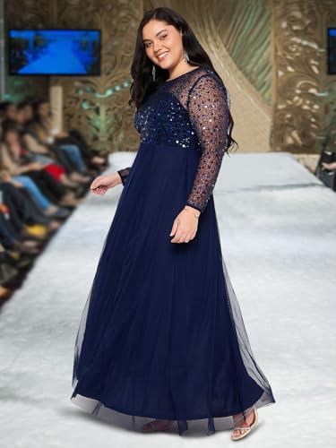 Image of wild U Women Plus Size Gown Dress | Embellished | Sequinned | Non Itch Finish | Sleeves | Cocktail (Navy Blue, Size: 3XL to 8XL)