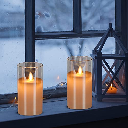 Eloer Glass Flameless Candles With Remote Battery Operated Candles Pack Of 2 Led Pillars Candles Include Realistic Flickering Flames And 10-Key Remote Control And Timer Christmas Halloween (Gold) #TOP2