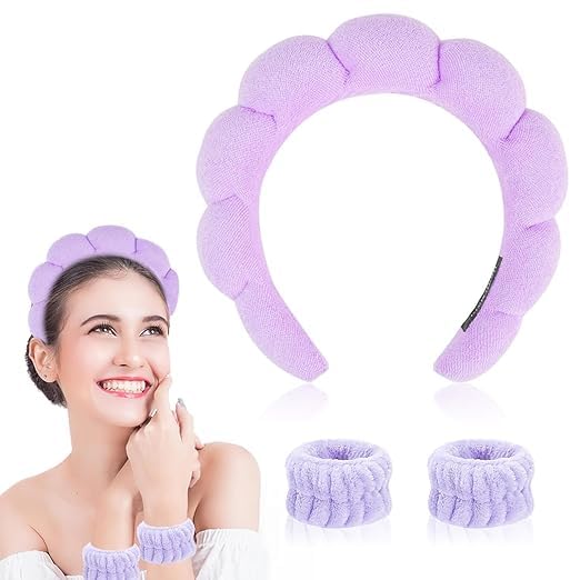 Cotton Spa Headbands, Headband and Wash, 3 Pack, Purple, Fluffy Velvet Material, Non-Slip Design, For Makeup Removal And Skin Care-image-49