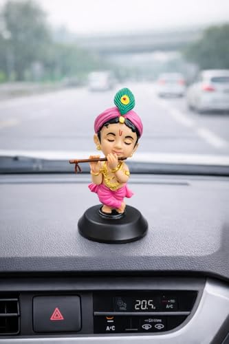 Image of Krishan Ji Car Dashboard Idol with Double Sided Tape | Bal Gopal Statue for Car Dashboard, Home Temple & Office | Cute Krishna Murti Gift Item | Standing Eye Closed | Pink