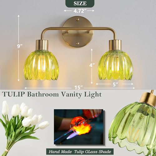 Image of 2-Light Gold Brass Bathroom Light Fixture,Wall Sconces,Brushed Gold Vanlity Light Over Mirror,Bathroom Vanity Light with Green Glass Flower Shade,E26 Socket(Bulbs Not Included)