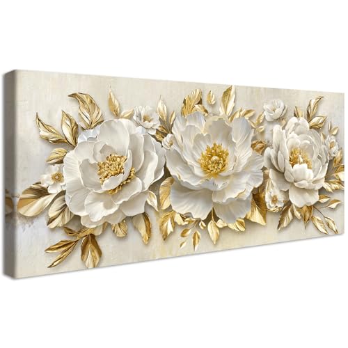 Marco de Madera Grandes Cuadros Decoracion Salon Modernos Lujosas Peonias Blancas con Hojas Doradas Lienzo Decorativos Flores en Flor Beige Pintura Imagen Cuadros Decorativos Salon Dormitorio 50x120cm