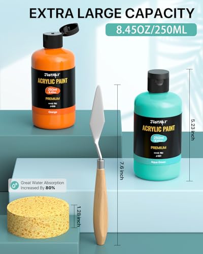 JusArt 24 Colors Acrylic Paint Set, Including Gold and Silver, 8.45oz(250ml) Large Bottles Adult Artist Paints for Canvas, Crafts, Mural, Rocks, Clay, Fabric, Wood