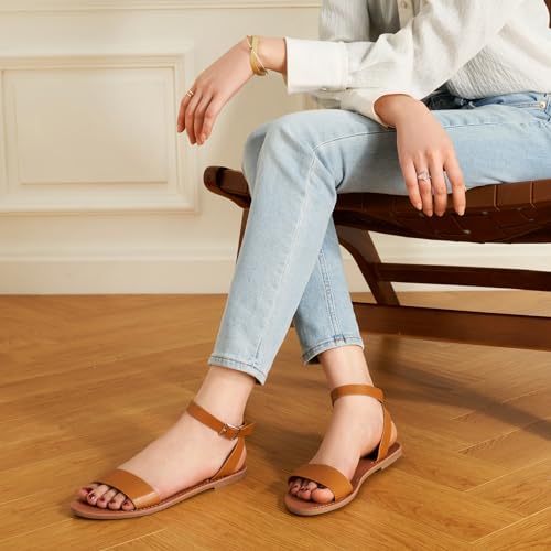 Image of Trary Women's Dressy Summer Leather Flat Ankle Strap Gladiator Open Toe One Band Two Tone Adjustable Metal Buckle Comfortable Wedding Sandals