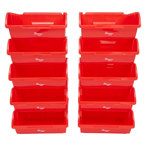 The Workplace Depot Large Plastic Stackable Storage Bins - Pack of 10-130(H) x 290(W) x 241(D) mm (Red)