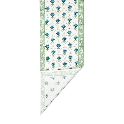Image of BLOCKS OF INDIA Hand Block Printed Cotton Table Runner, Mat and Napkin Set of 13 pc for Center /Dining Table (Green Blue Buti)