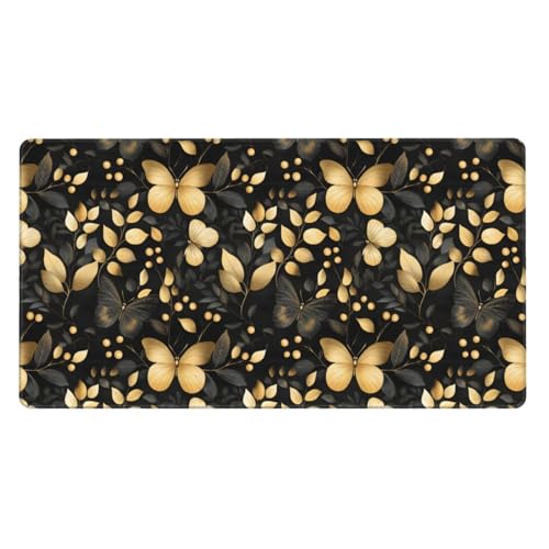 Tapis de bureau design papillon noir et doré, grand tapis de souris aux bords cousus
