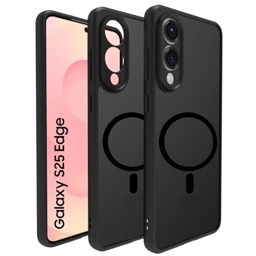 Image of RIGGEAR Shockproof Sleek Hybrid Armor Magnetic Back Cover Case Compatible with MagSafe Accessories for Samsung Galaxy S25 Edge (Smoke Black Matte PC with Black TPU Bumper)