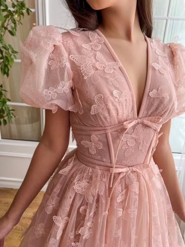 Zepumen 3D Butterfly Prom Dresses for Teens 2025 Puffy Sleeve V Neck Tea Length Formal Evening Party Gowns3