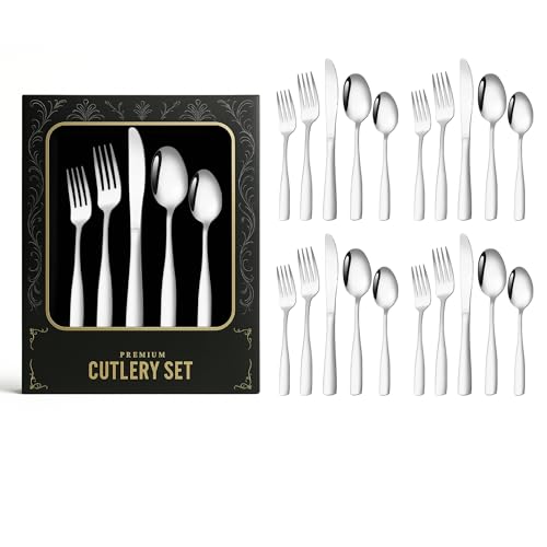 Image of aDai Premium Cutlery Set | Stainless Steel Tableware | Mirror Finish | Includes Spoon Fork Knife & Teaspoon | Elegant Flatware Set for Dining, Parties & Gifting (Silver, Set of 20)