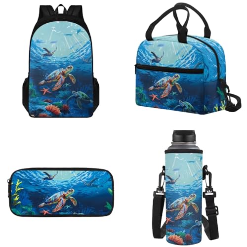 Tomeusey Juego de mochila de tortuga marina suave con doble cremallera con lonchera a prueba de fugas, bolsa para lápices, funda para botella de agua, mochila escolar para escuela y guardería
