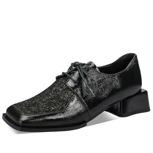 Image of Loafers for Women Patent Leather Buckle Square Toe Chunky Block Dress Slip On Wide Casual Comfortable Dressy High Heels Ladies Comfort Moccasins Elegantes 2 Inch Shoes