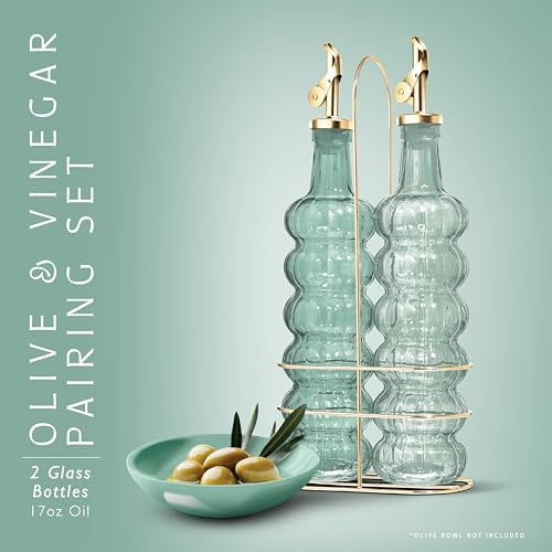 COOK WITH COLOR Glass Olive Oil Bottle Dispenser - 2 Pack- 17oz Oil and Vinegar Cruet - Olive Oil Carafe Decanter for Kitchen, Elegant Waves, Green - Thumbnail 2