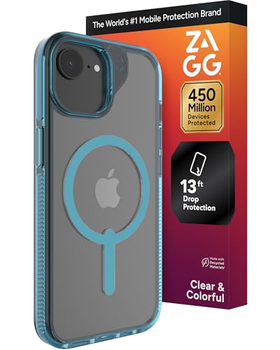 Image of ZAGG Santa Cruz Snap Case for iPhone 17e / 16e / 15 /14 / 13 - Slim, 13ft Drop Protection, Wireless Charging Compatible, Graphene Strength, 70% Recycled Material, Anti-Scratch, Clear, Retro Blue