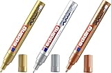 edding 750 Glanzlackmarker - gold - 1 Lackmarker - Rundspitze 2-4 mm - Lackstift für Glas, Stein, Holz, Kunststoff und Papier - wasserfest, stark deckend (Kupfer Gold Silber, 3 Stifte)