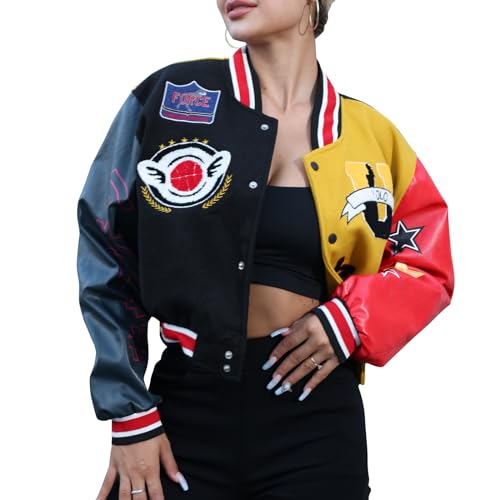 Women's Cropped Casual Jacket Colorblock Varsity Jacket Y2K Baseball Bomber Vintage Streetwear Patched Outerwear