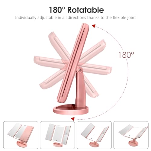 WEILY Espejo Maquillaje con Luz, Espejo Aumento con 1X/2X/3X, Espejo Led Plegable con 36 LED y Pantalla Táctil, Espejo de Mesa Soporte USB y Batería (Oro Rosa) - imagen 3