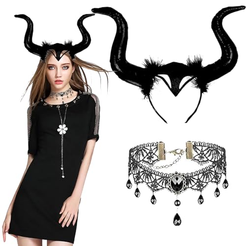XINCHEN 2 Piezas Tocado de cuernos de reina，Diadema de Cuerno Negro，Con Accesorios de Encaje Gótico Negro, Demonio tocado,para Halloween Fiesta Carnaval Mascarada.