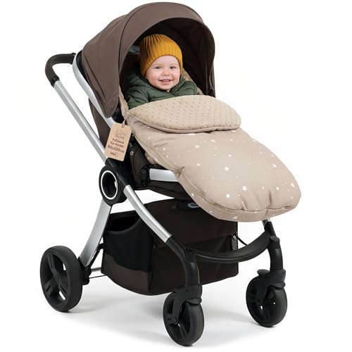 Saco para Carrito y Buggy de Invierno 90x45 cm - Saco de Invierno Forro Cálido Manta Envolvente Accesorio Bebé cálido Minky Beige con estrellas blancas