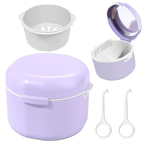 BORISCA Caja Ferula Dental, Limpiador Ferula Dental Caja Limpieza, Caja Aparato Dental con Filtro y Cestillo, Funda Ferula Dental para Guardar y Limpiar Dientes Postizos (Púrpura)
