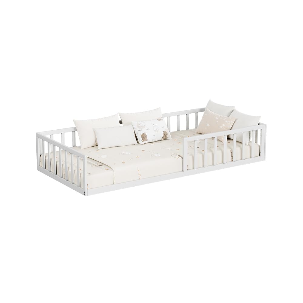 VitaliSpa Lit au Sol Minno 90x200, lit Enfant en métal, lit Montessori avec barrière de sécurité, Faible Hauteur d’accès, Blanc