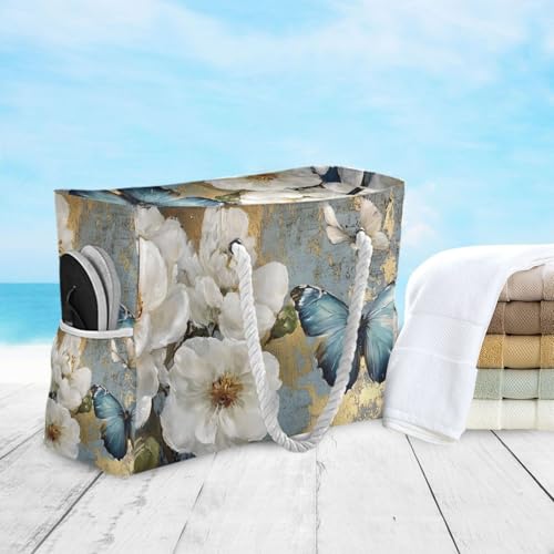 Butterfly Floral White Beach Bag for Women Large Beach Tote Bag Zipper for Swim Gym Travel Daily4