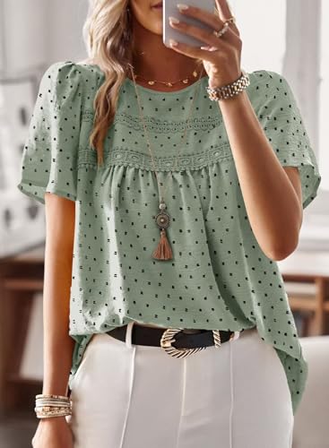 Image of Falechay Womens Summer Tops Crewneck Short Sleeve Shirts Casual Chiffon Blouses Flowy Lace Hem Boho Clothing Trendy 2026