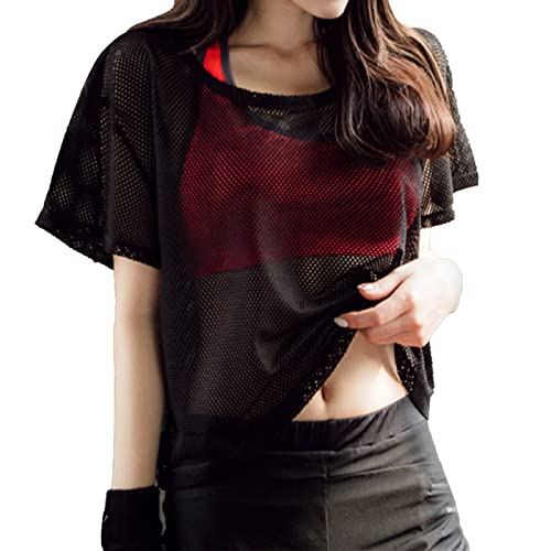 VBESTLIFE Top de Malla para Cubrir, Camiseta de Malla Suelta de Secado Rápido de Manga Corta para Mujer para Verano, Fitness, Yoga, Ciclismo (Negro)