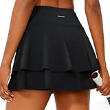 Tmeefee Double Ruffle Tennis Skirts for Women Golf Skort with 2 Pockets Shorts Underneath High Waisted Lightweight Quick Dry Skirts Athletic Gym Yoga Workout Running Workout Casual Pickleball Black