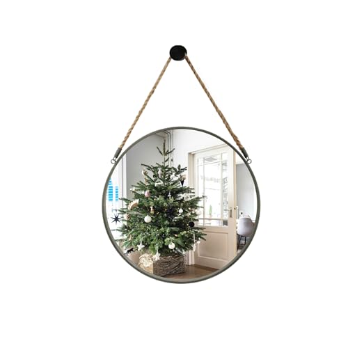 POZINO Round Mirror, Rope Hanging Mirror, 15 Inch Farmhouse Circle Wall Mirror for Bathroom Bedroom Living Room Entryway Home Decor, Grey
